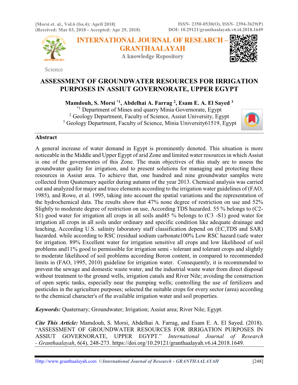 Assessment of Groundwater Resources for Irrigation Purposes in Assiut Governorate, Upper Egypt
