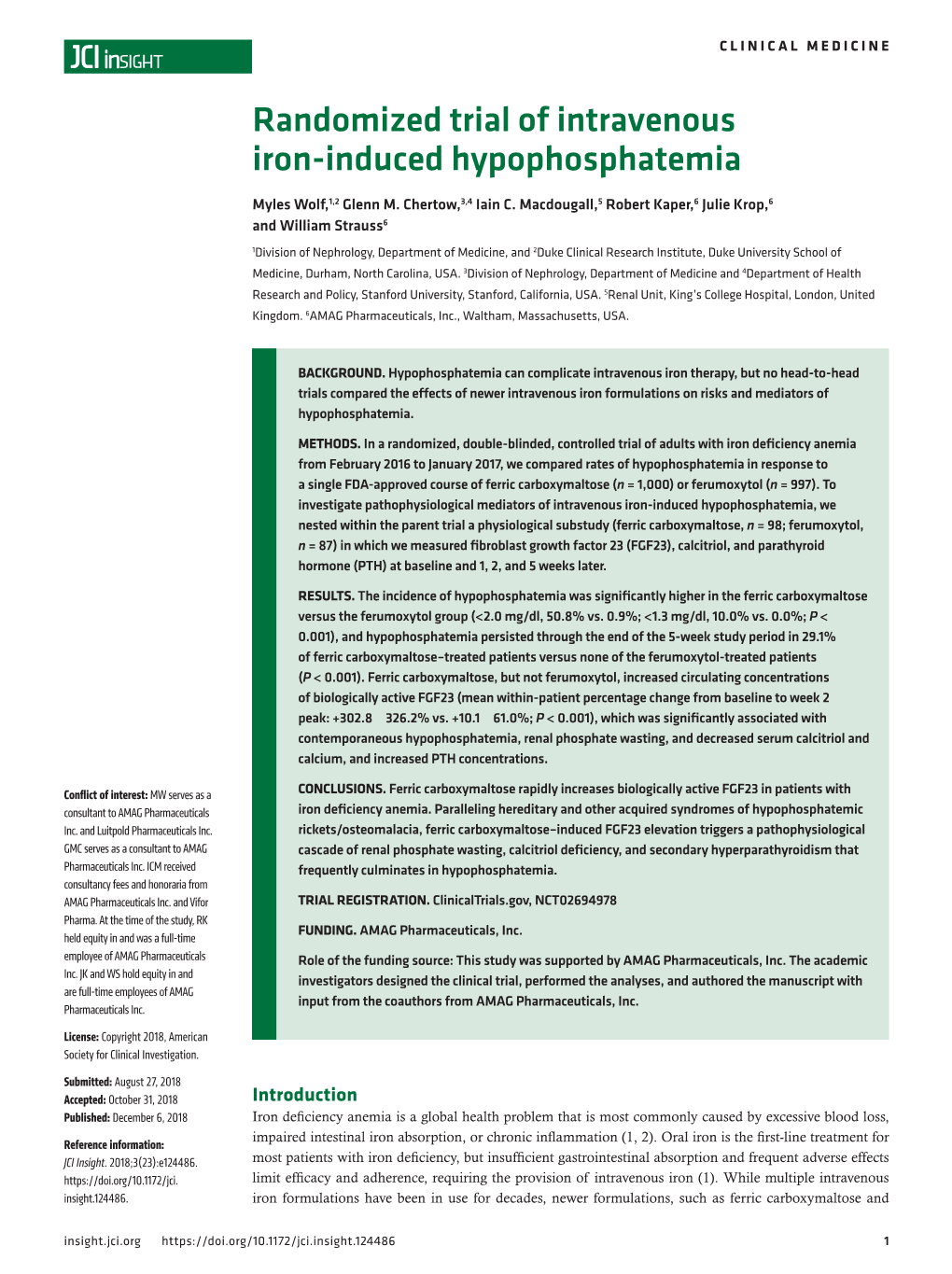 Randomized Trial of Intravenous Iron-Induced Hypophosphatemia