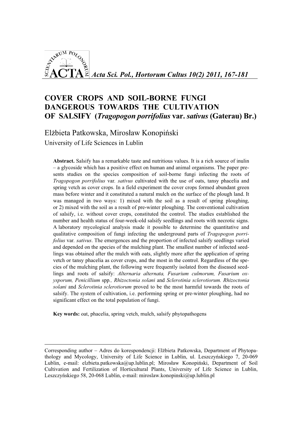 COVER CROPS and SOIL-BORNE FUNGI DANGEROUS TOWARDS the CULTIVATION of SALSIFY (Tragopogon Porrifolius Var