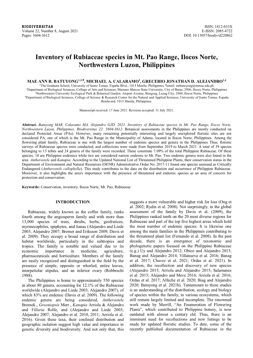 Inventory of Rubiaceae Species in Mt. Pao Range, Ilocos Norte, Northwestern Luzon, Philippines