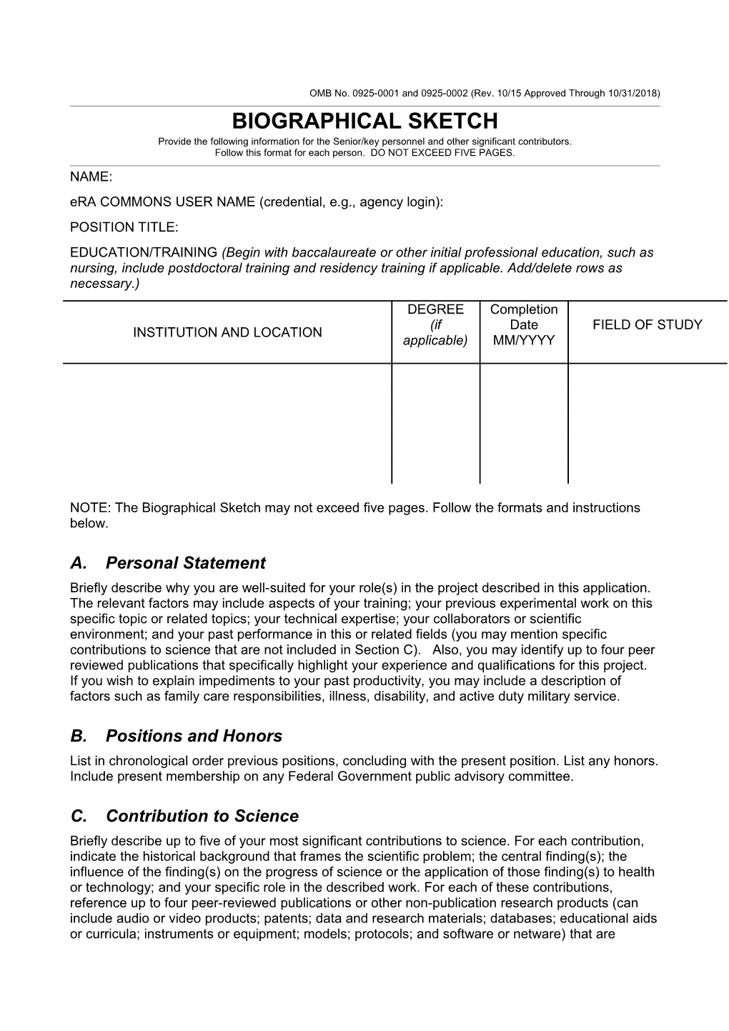 OMB No. 0925-0001/0002 (Rev. 08/12), Biographical Sketch Format Page s1