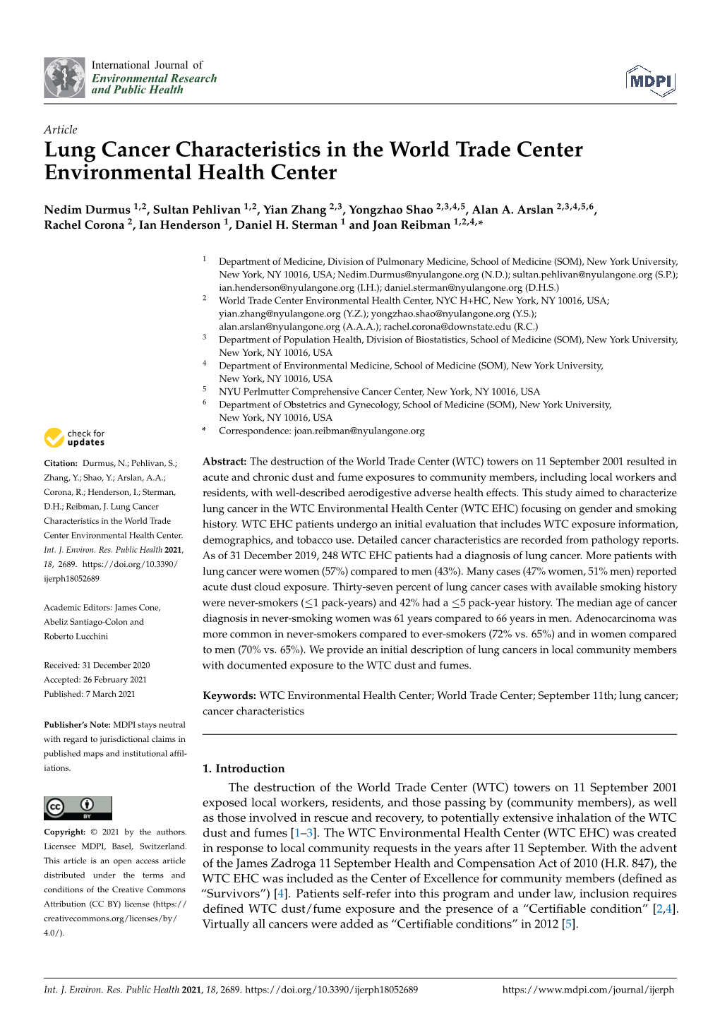 Lung Cancer Characteristics in the World Trade Center Environmental Health Center