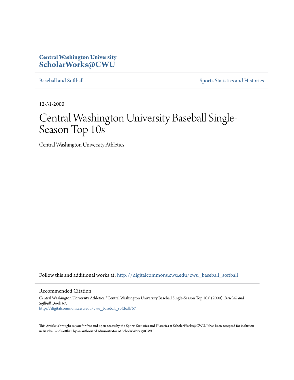 Central Washington University Baseball Single-Season Top 10S