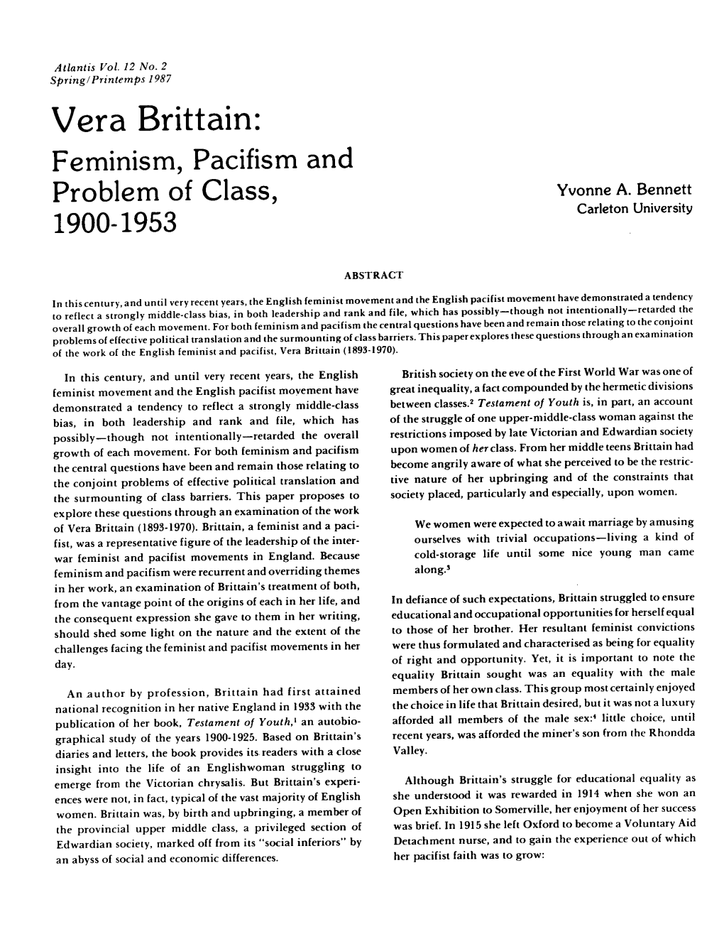 Vera Brittain: Feminism, Pacifism and Problem of Class, Yvonne A