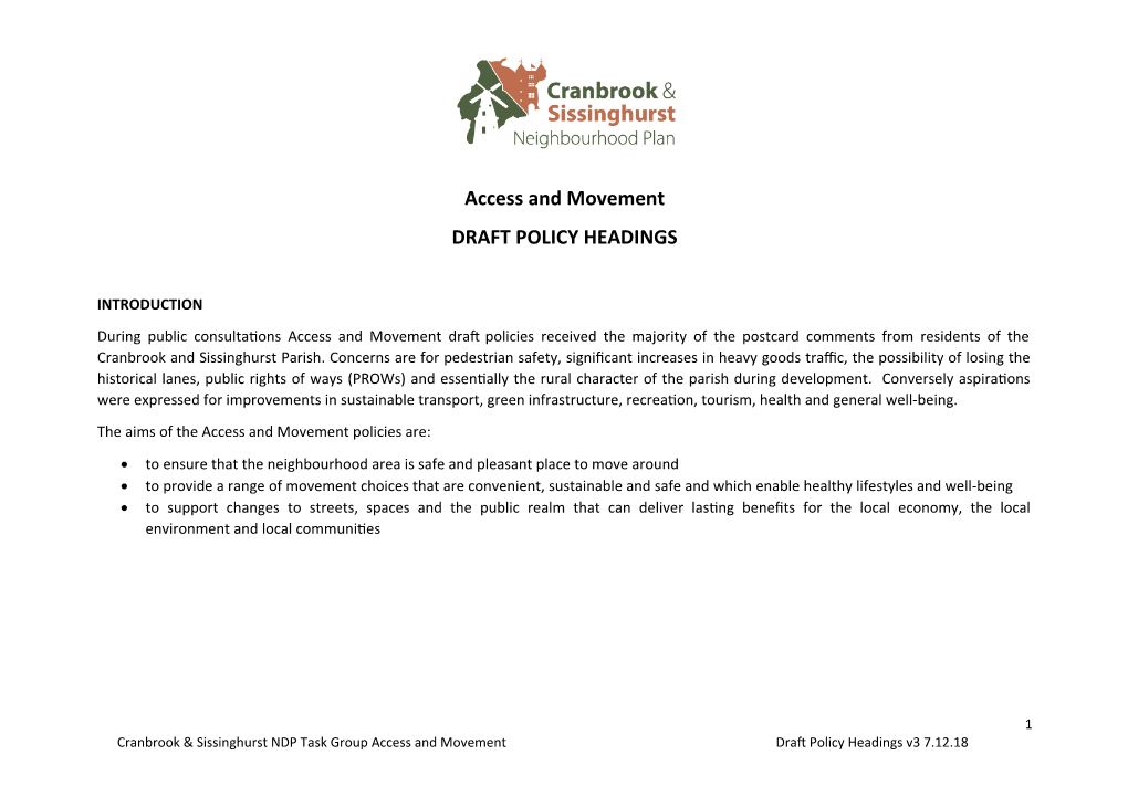 Access and Movement DRAFT POLICY HEADINGS