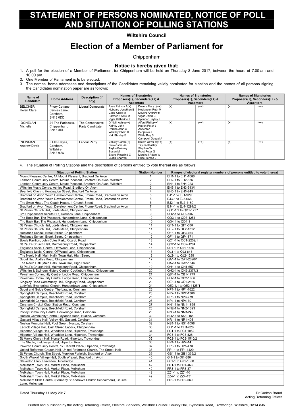 Statement of Persons Nominated, Notice of Poll and Situation of Polling Stations