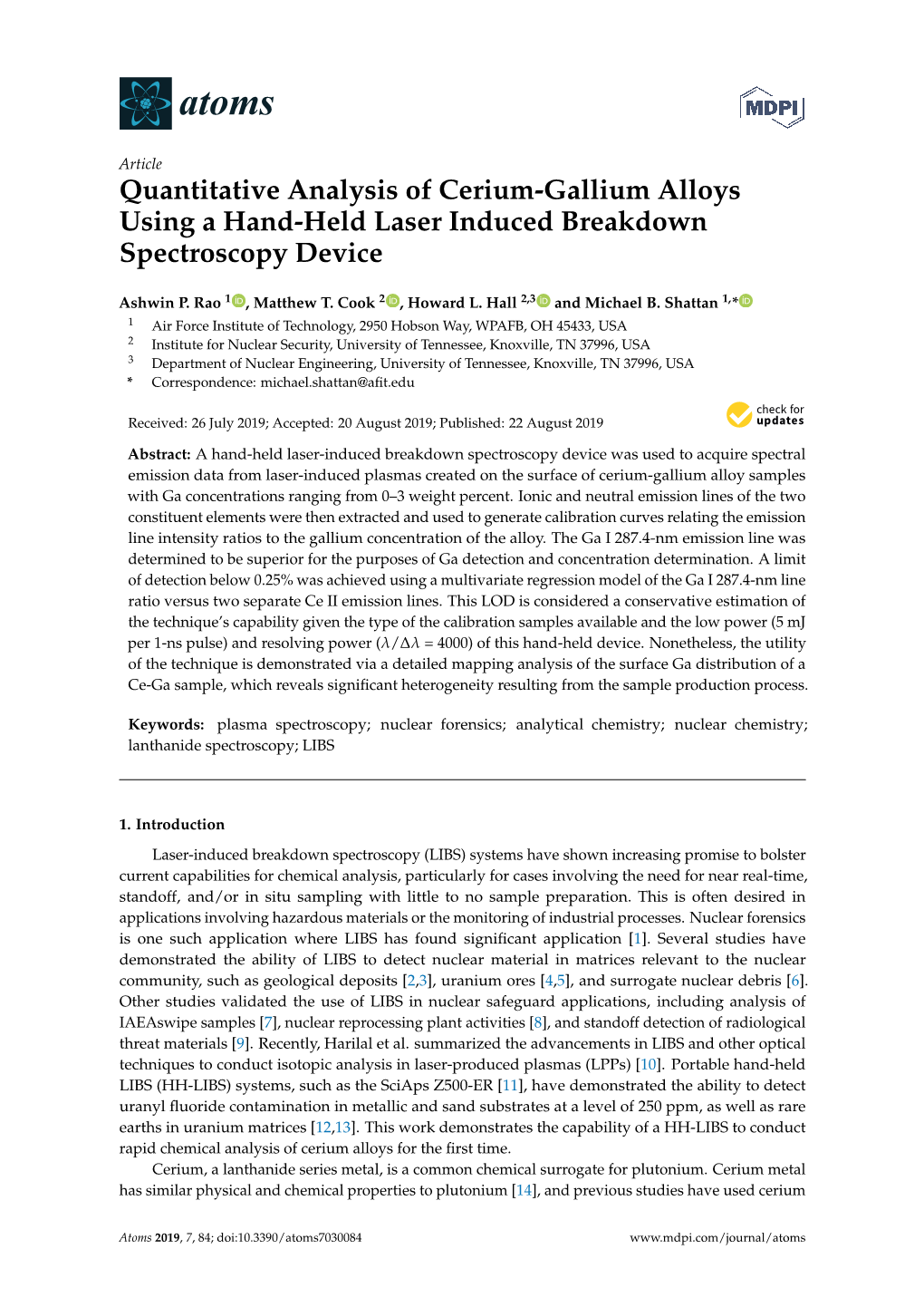 Quantitative Analysis of Cerium-Gallium Alloys Using a Hand-Held Laser Induced Breakdown Spectroscopy Device