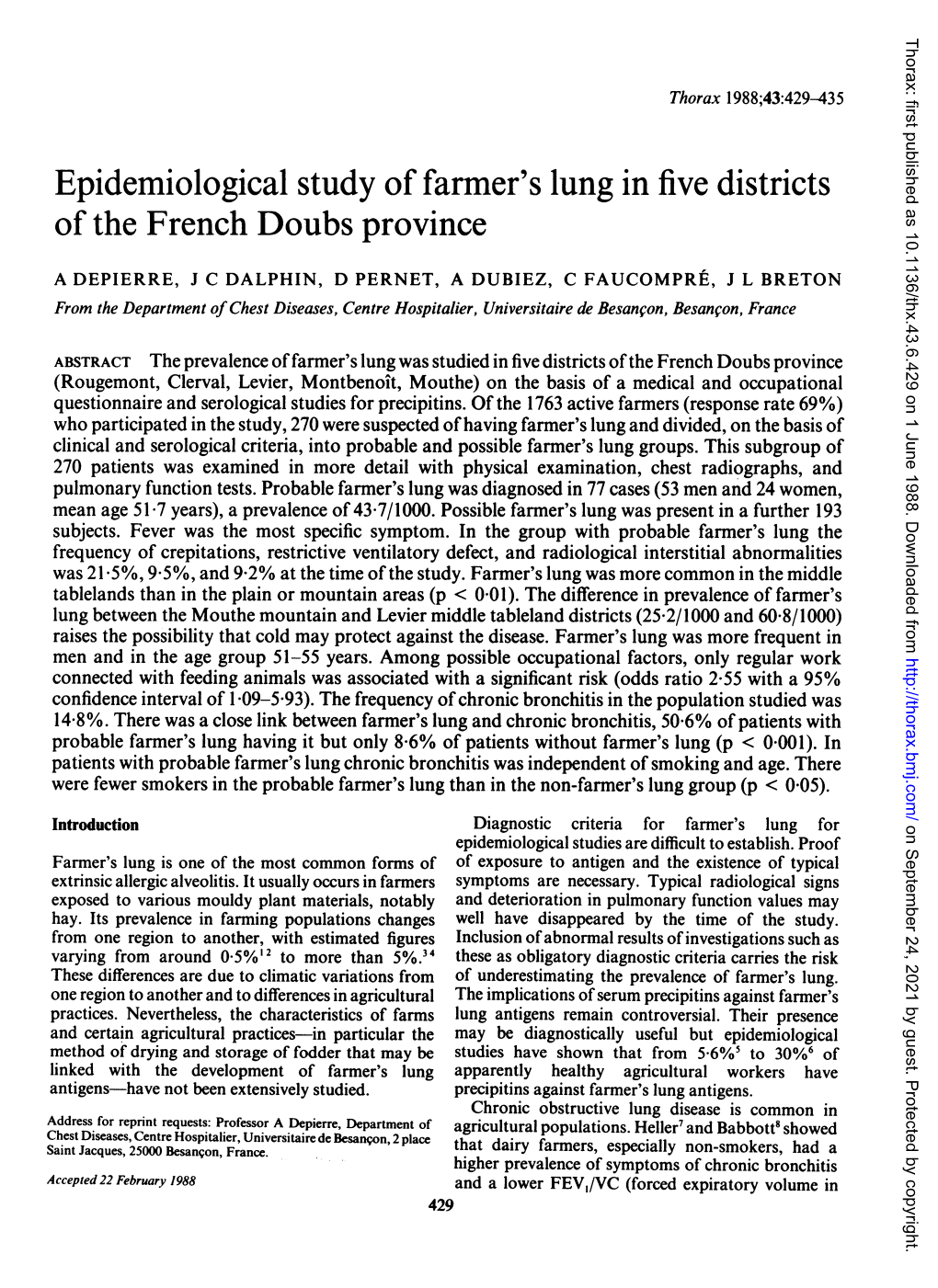 Epidemiological Study of Farmer's Lung in Five Districts of the French Doubs Province