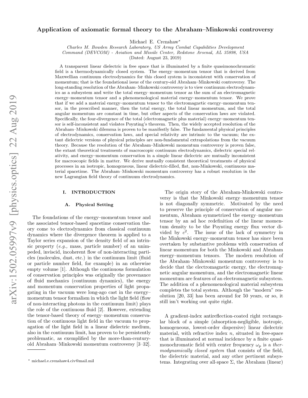 Application of Axiomatic Formal Theory to the Abraham--Minkowski