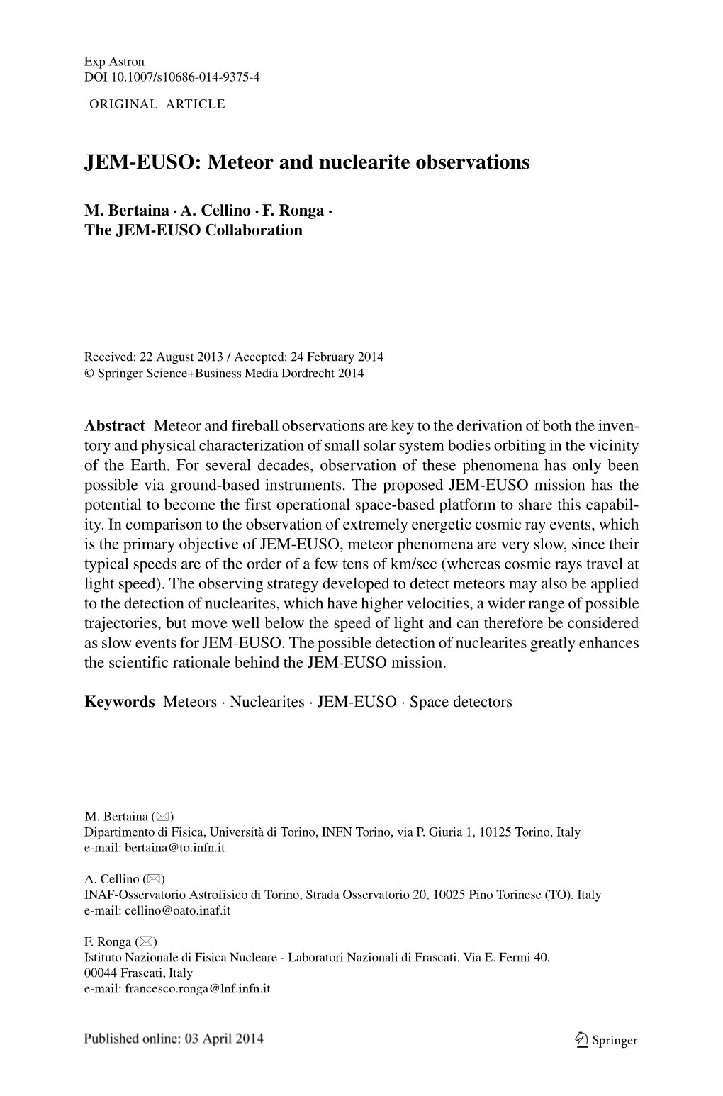 JEM-EUSO: Meteor and Nuclearite Observations