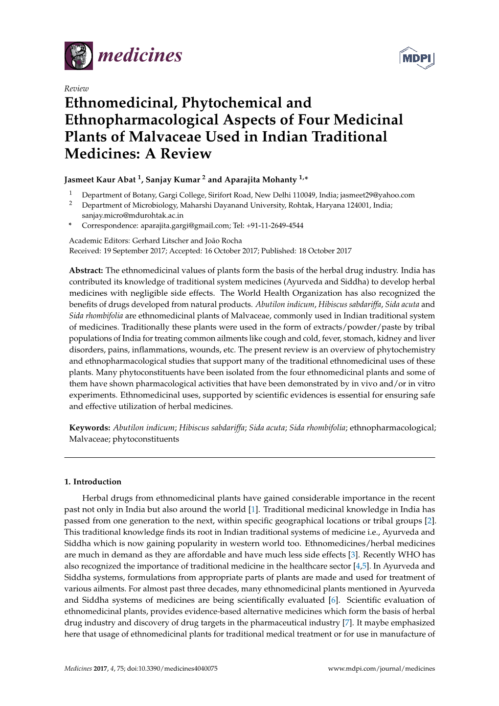 Ethnomedicinal, Phytochemical and Ethnopharmacological Aspects of Four Medicinal Plants of Malvaceae Used in Indian Traditional Medicines: a Review