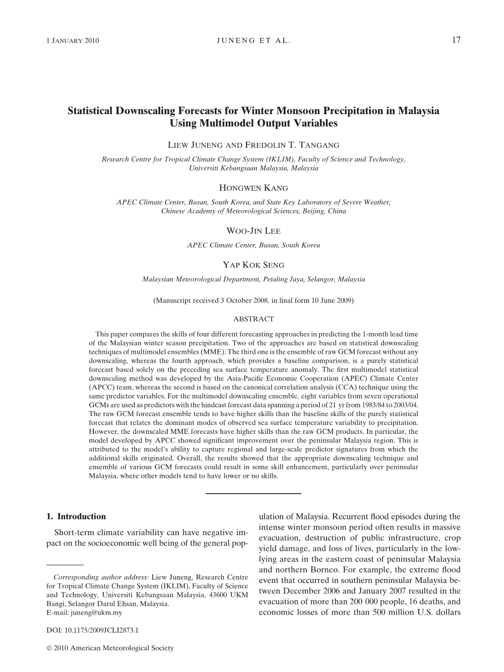 Statistical Downscaling Forecasts for Winter Monsoon Precipitation in Malaysia Using Multimodel Output Variables