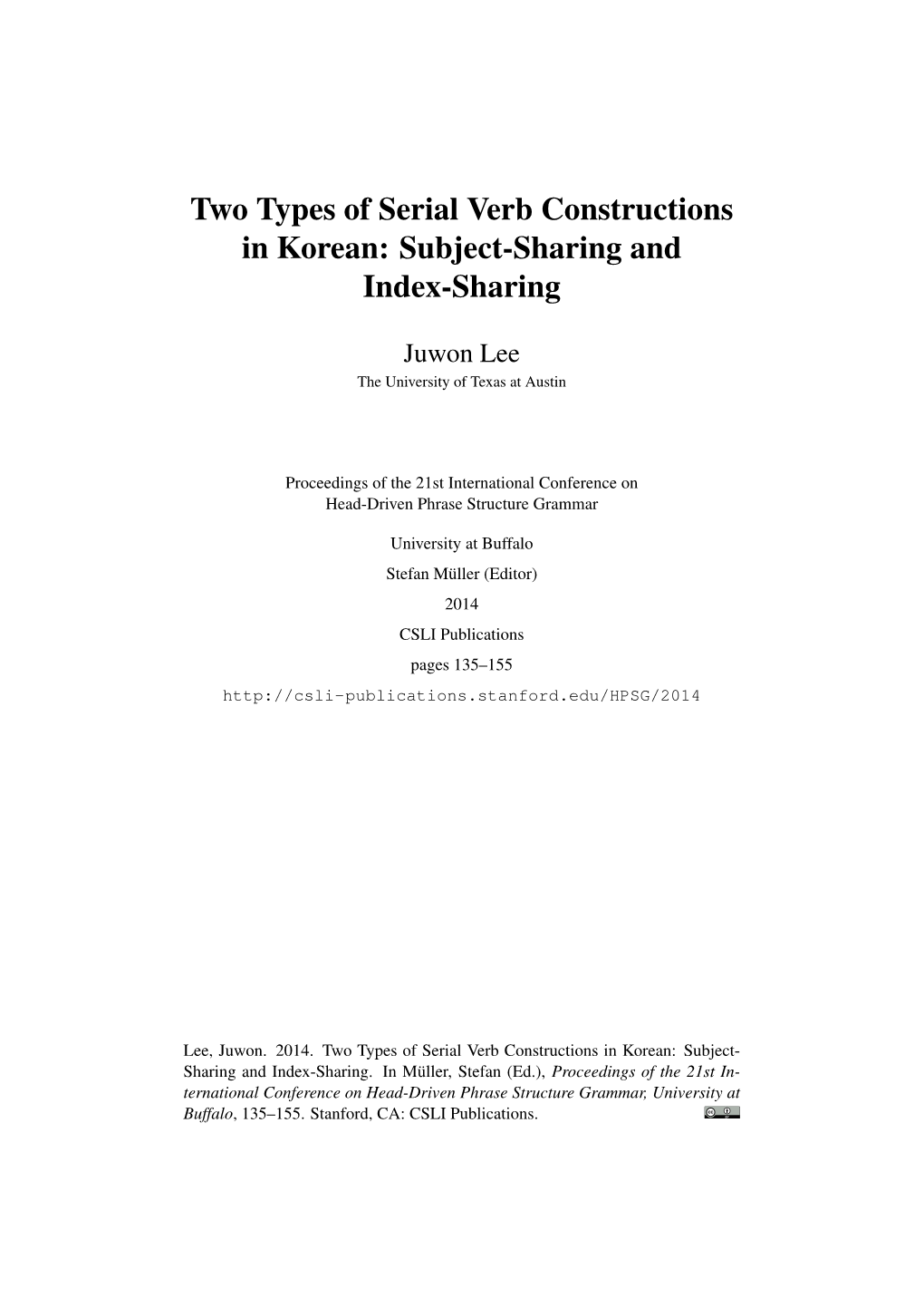 Two Types of Serial Verb Constructions in Korean: Subject-Sharing and Index-Sharing