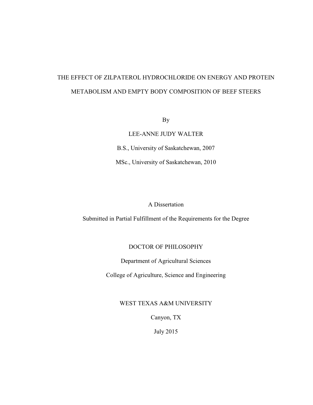 The Effect of Zilpaterol Hydrochloride on Energy and Protein