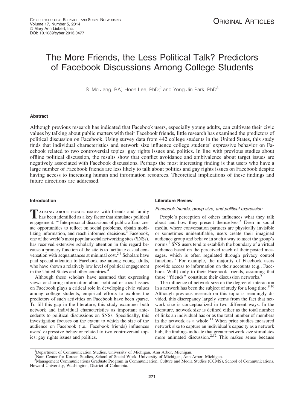 The More Friends, the Less Political Talk? Predictors of Facebook Discussions Among College Students