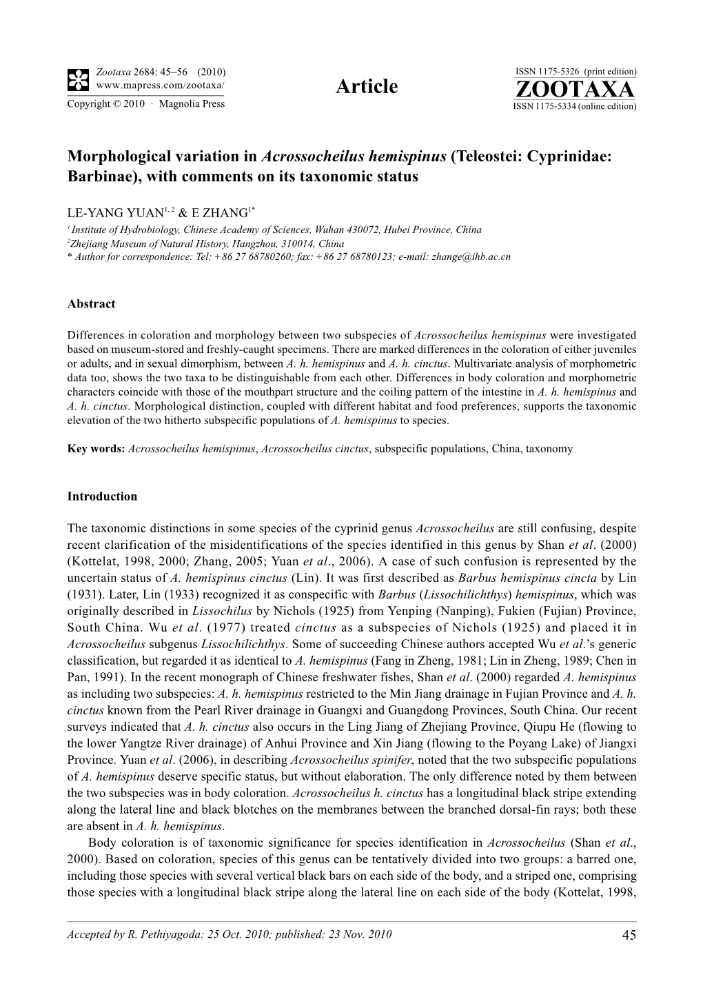 Morphological Variation in Acrossocheilus Hemispinus (Teleostei: Cyprinidae: Barbinae), with Comments on Its Taxonomic Status