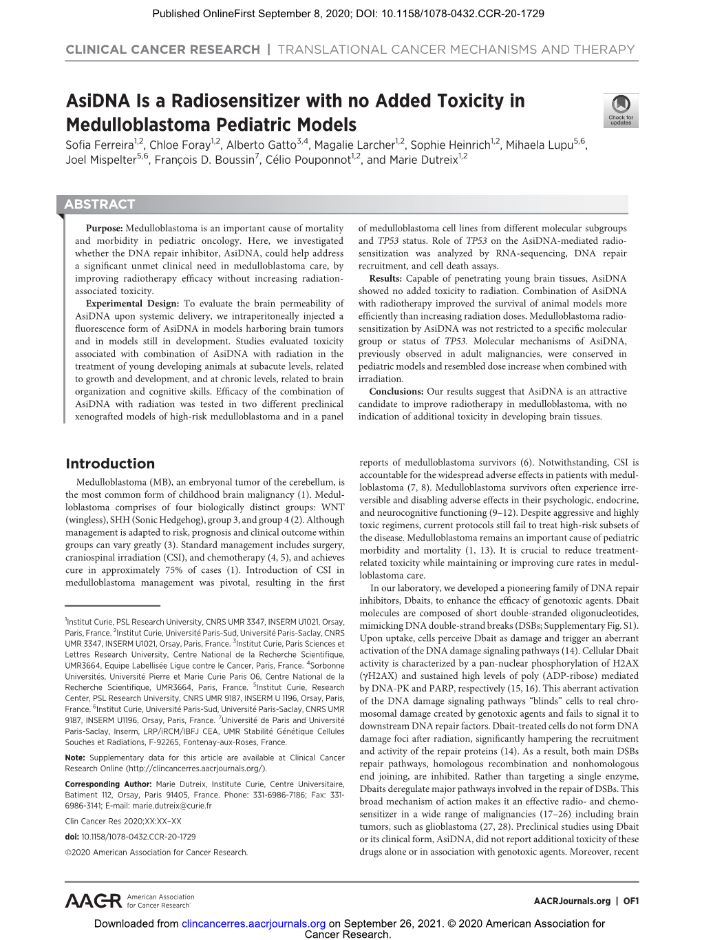 Asidna Is a Radiosensitizer with No Added Toxicity in Medulloblastoma