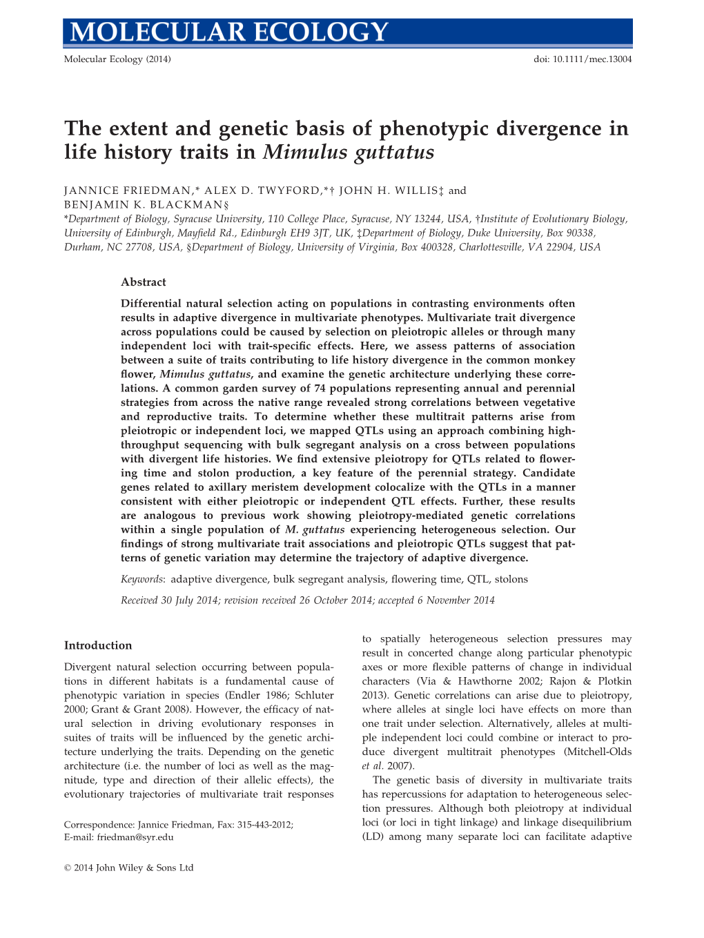 The Extent and Genetic Basis of Phenotypic Divergence in Life History Traits in Mimulus Guttatus