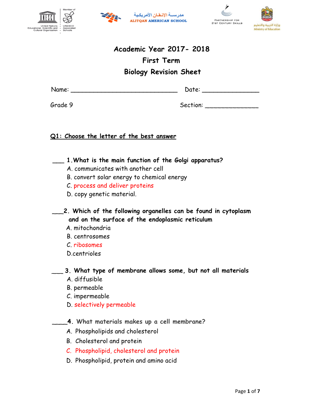 Academic Year 2017- 2018 First Term Biology Revision Sheet