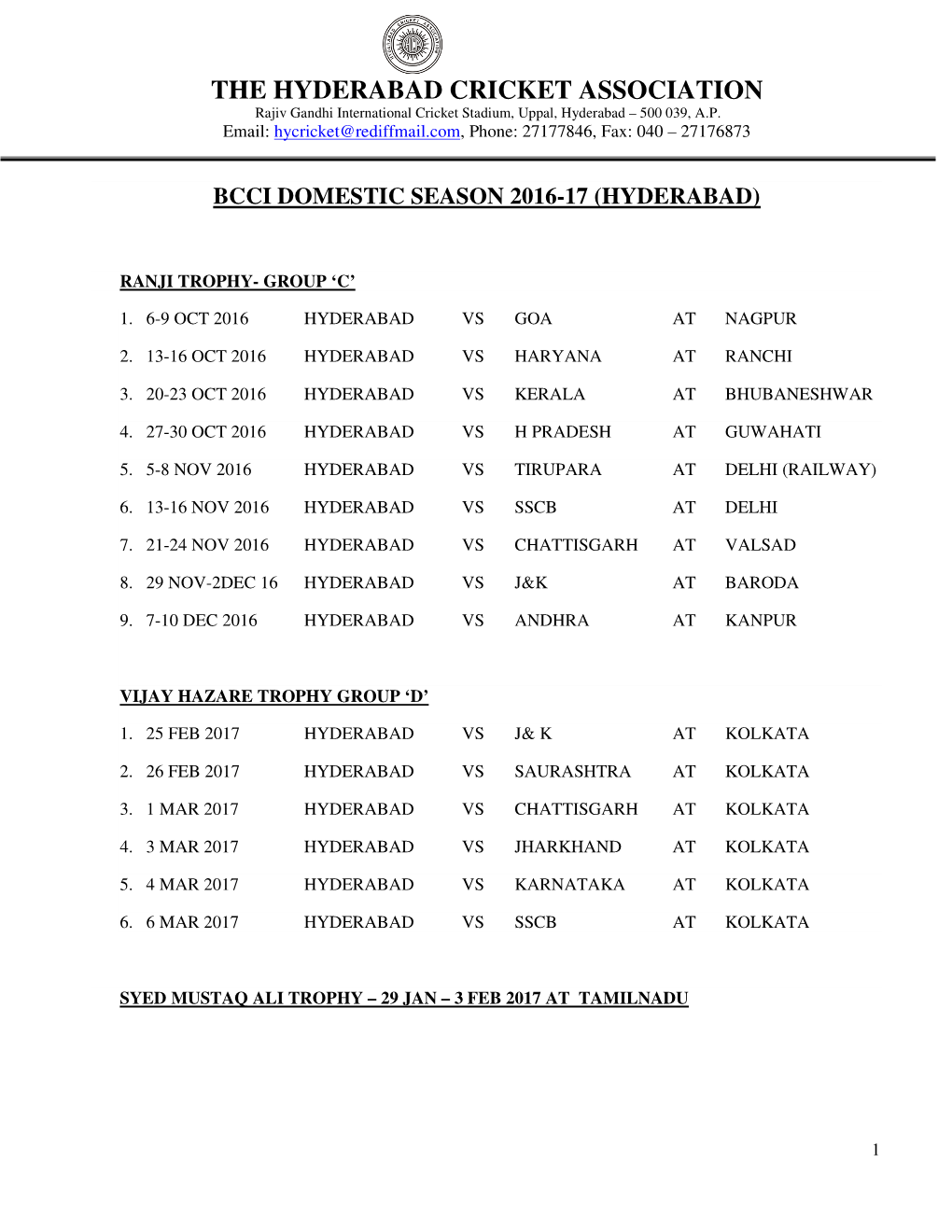 Bcci Domestic Season 2016-17 (Hyderabad)