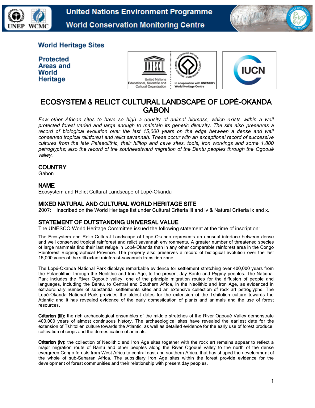 Ecosystem & Relict Cultural Landscape of Lopé-Okanda