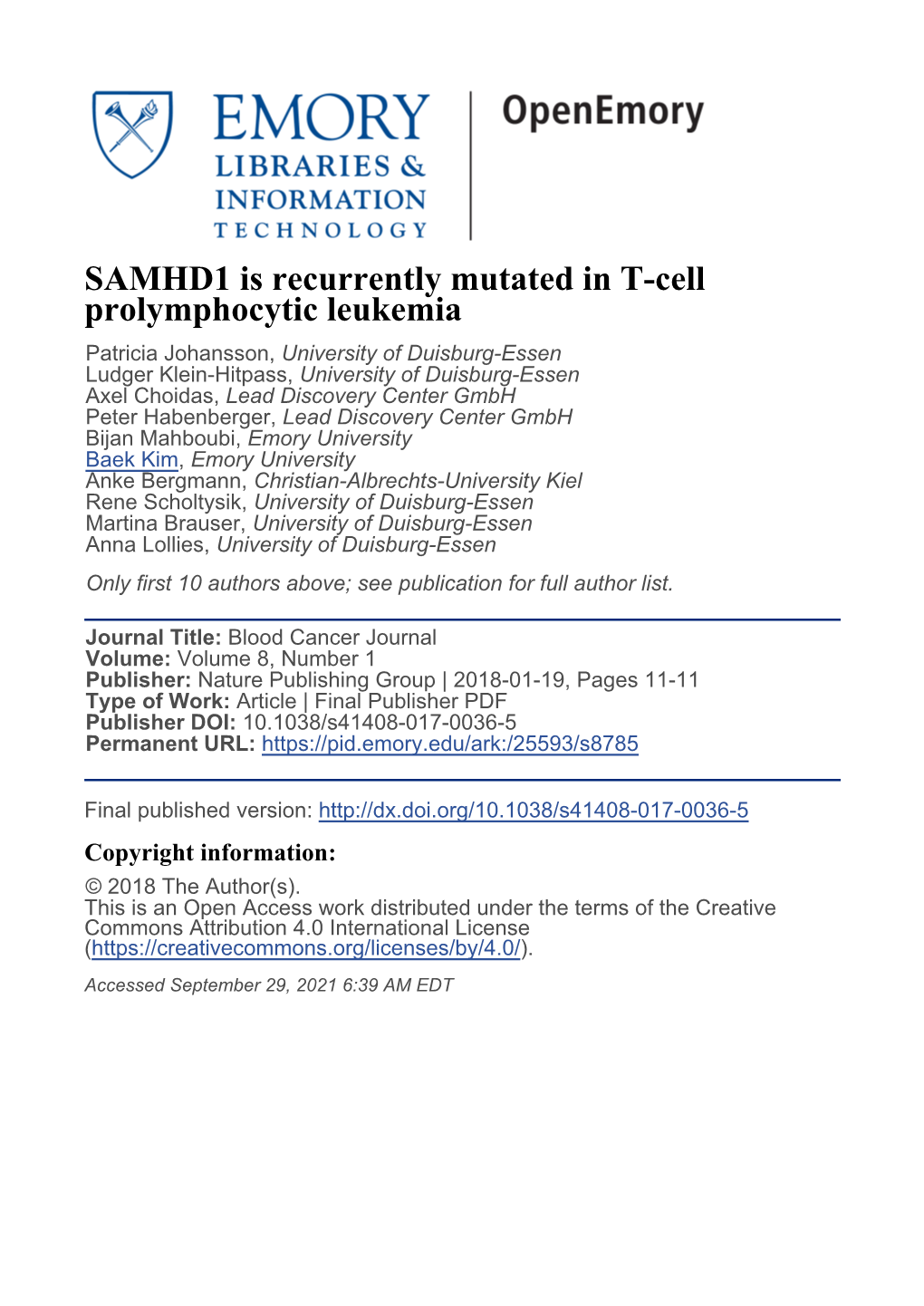 SAMHD1 Is Recurrently Mutated in T-Cell Prolymphocytic Leukemia