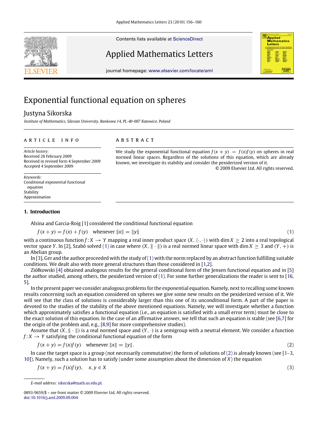 Applied Mathematics Letters Exponential Functional Equation On