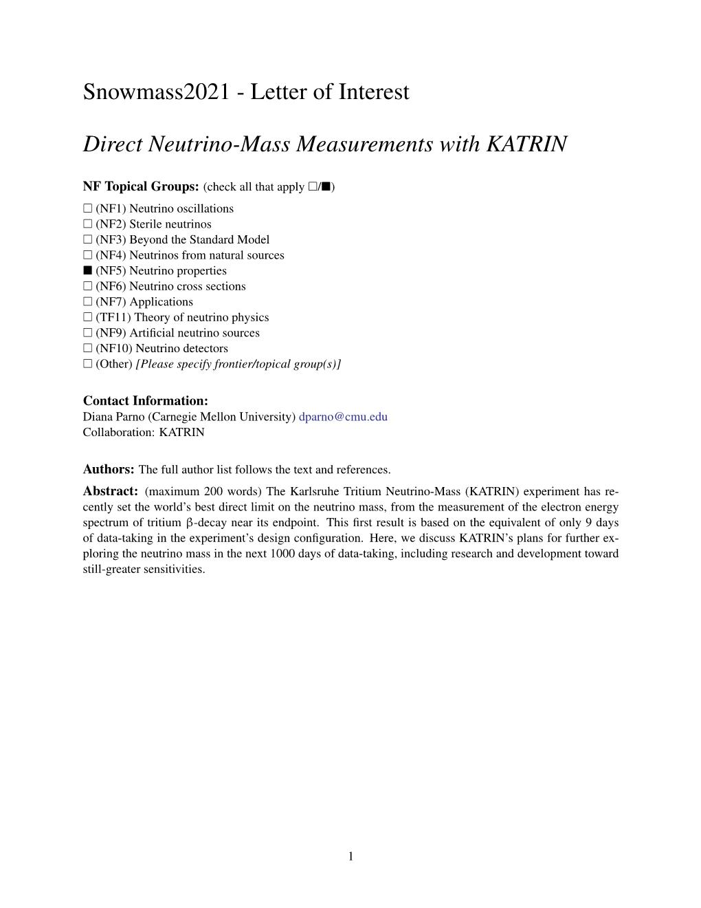 Letter of Interest Direct Neutrino-Mass Measurements with KATRIN