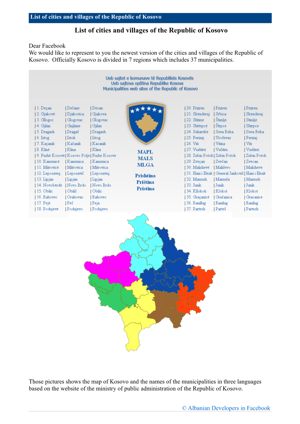List of Cities and Villages of the Republic of Kosovo List of Cities and Villages of the Republic of Kosovo
