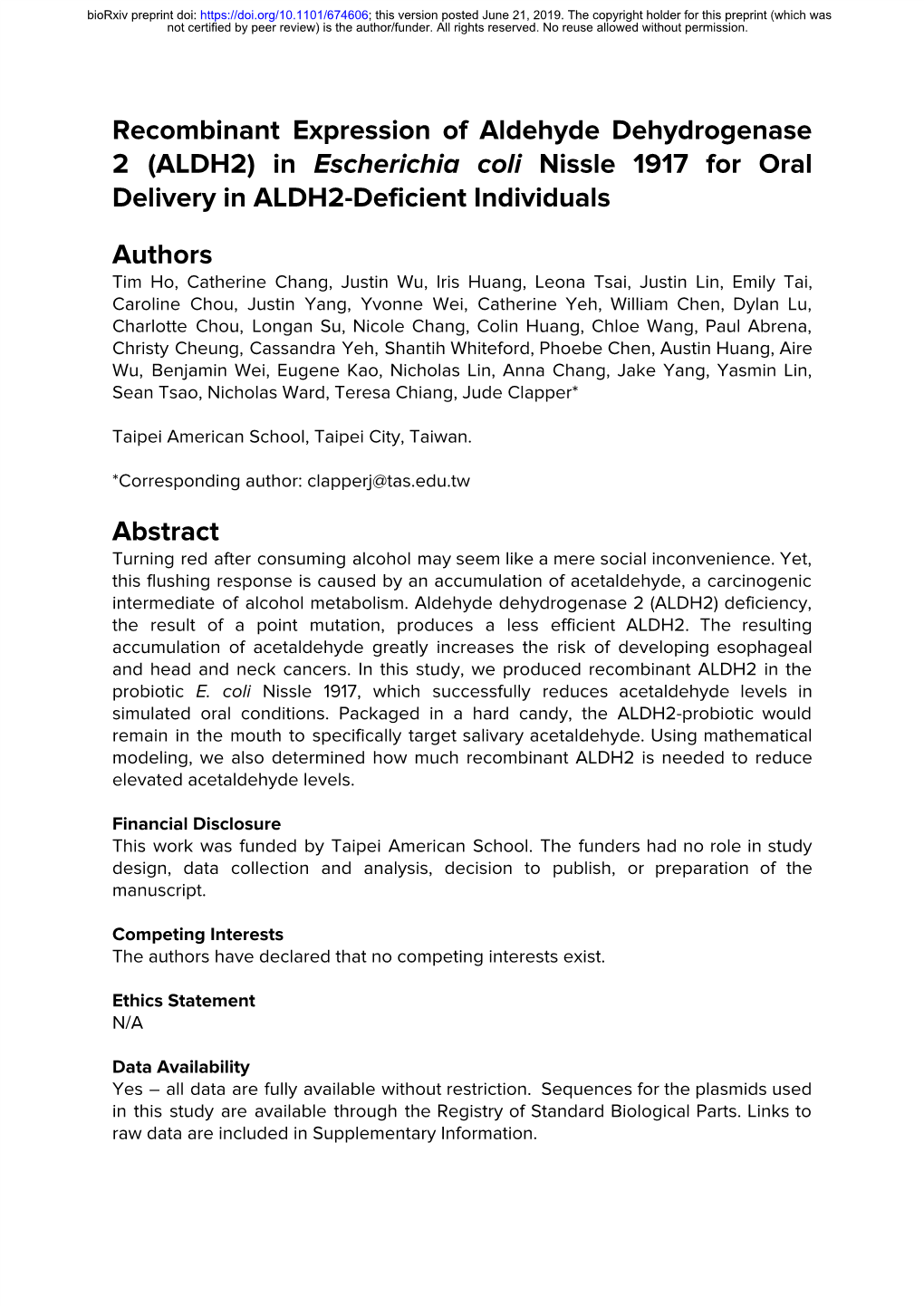 ALDH2) in Escherichia Coli Nissle 1917 for Oral ​ ​ Delivery in ALDH2-Deficient Individuals