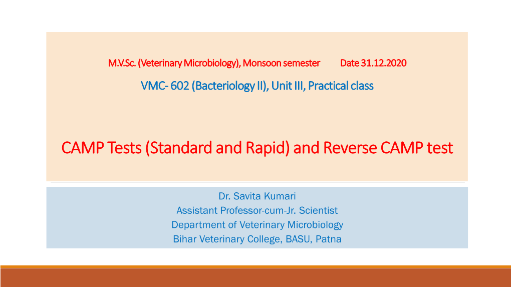 CAMP Tests (Standard and Rapid) and Reverse CAMP Test