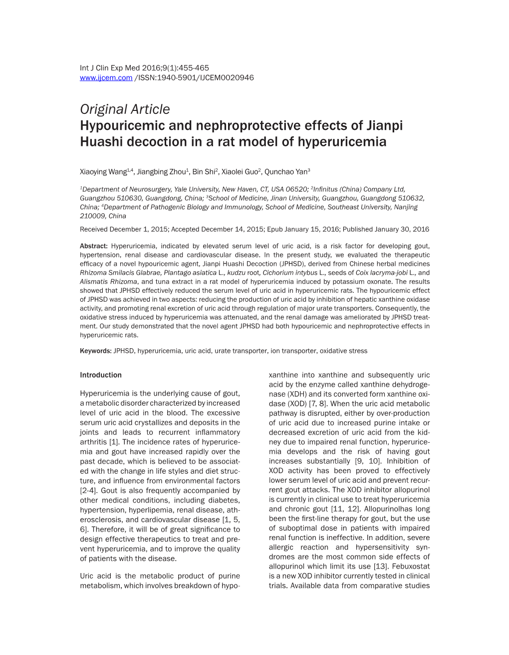 Original Article Hypouricemic and Nephroprotective Effects of Jianpi Huashi Decoction in a Rat Model of Hyperuricemia