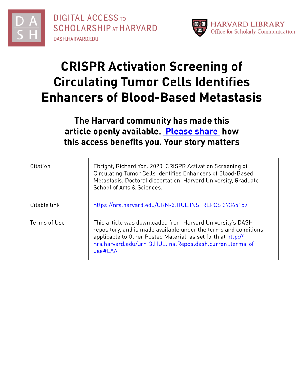 CRISPR Activation Screening of Circulating Tumor Cells Identifies Enhancers of Blood-Based Metastasis