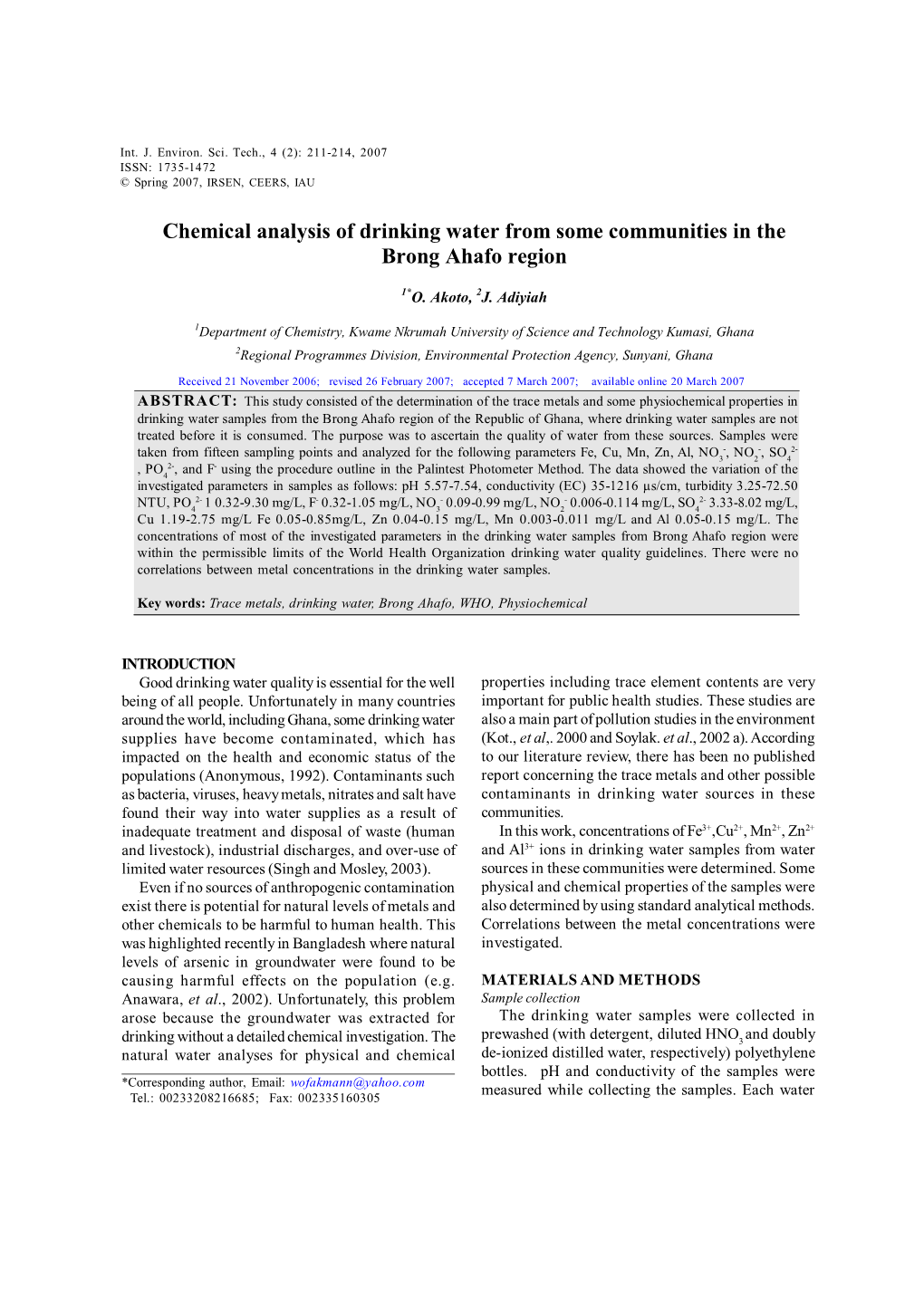 Chemical Analysis of Drinking Water from Some Communities in the Brong Ahafo Region