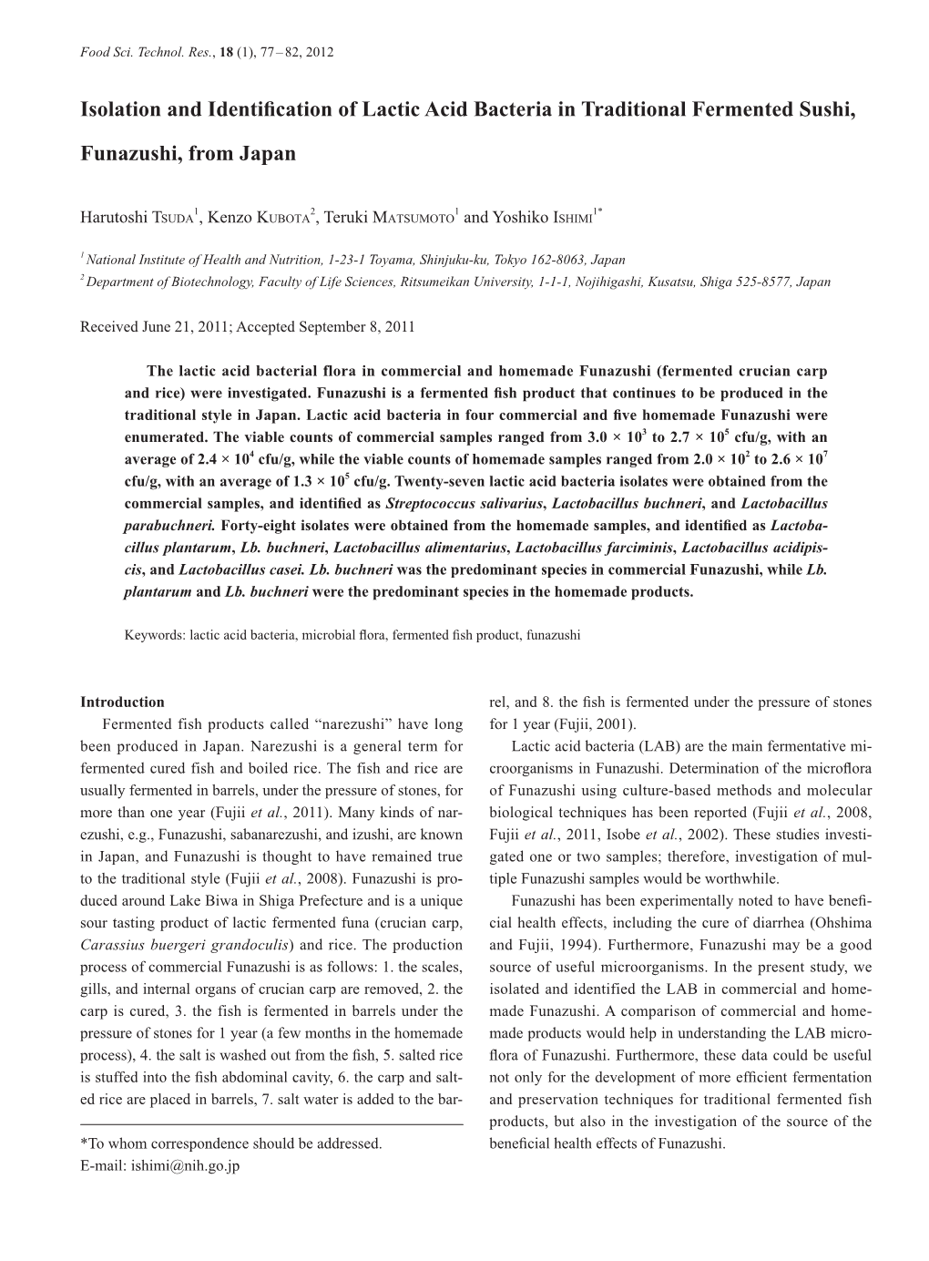 Isolation and Identification of Lactic Acid Bacteria in Traditional Fermented Sushi, Funazushi, from Japan