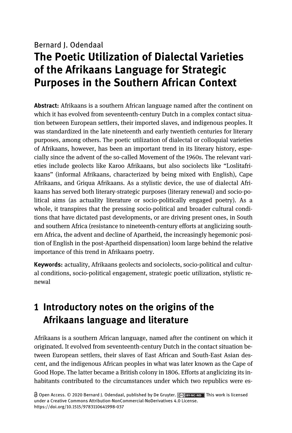 The Poetic Utilization of Dialectal Varieties of the Afrikaans Language for Strategic Purposes in the Southern African Context