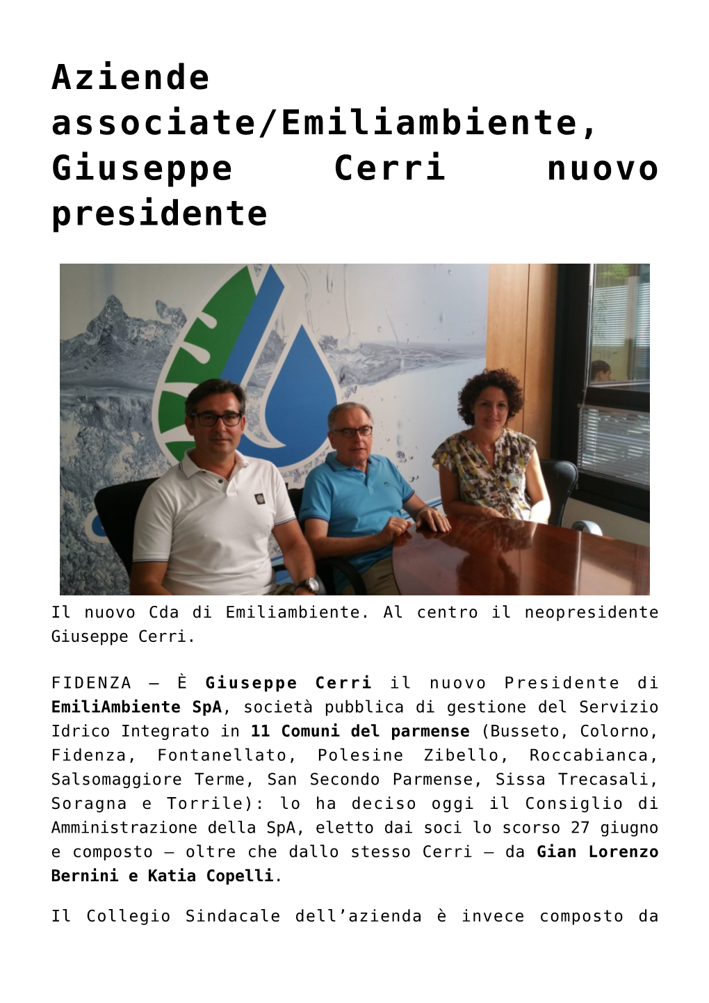 Aziende Associate/Emiliambiente, Giuseppe Cerri Nuovo Presidente