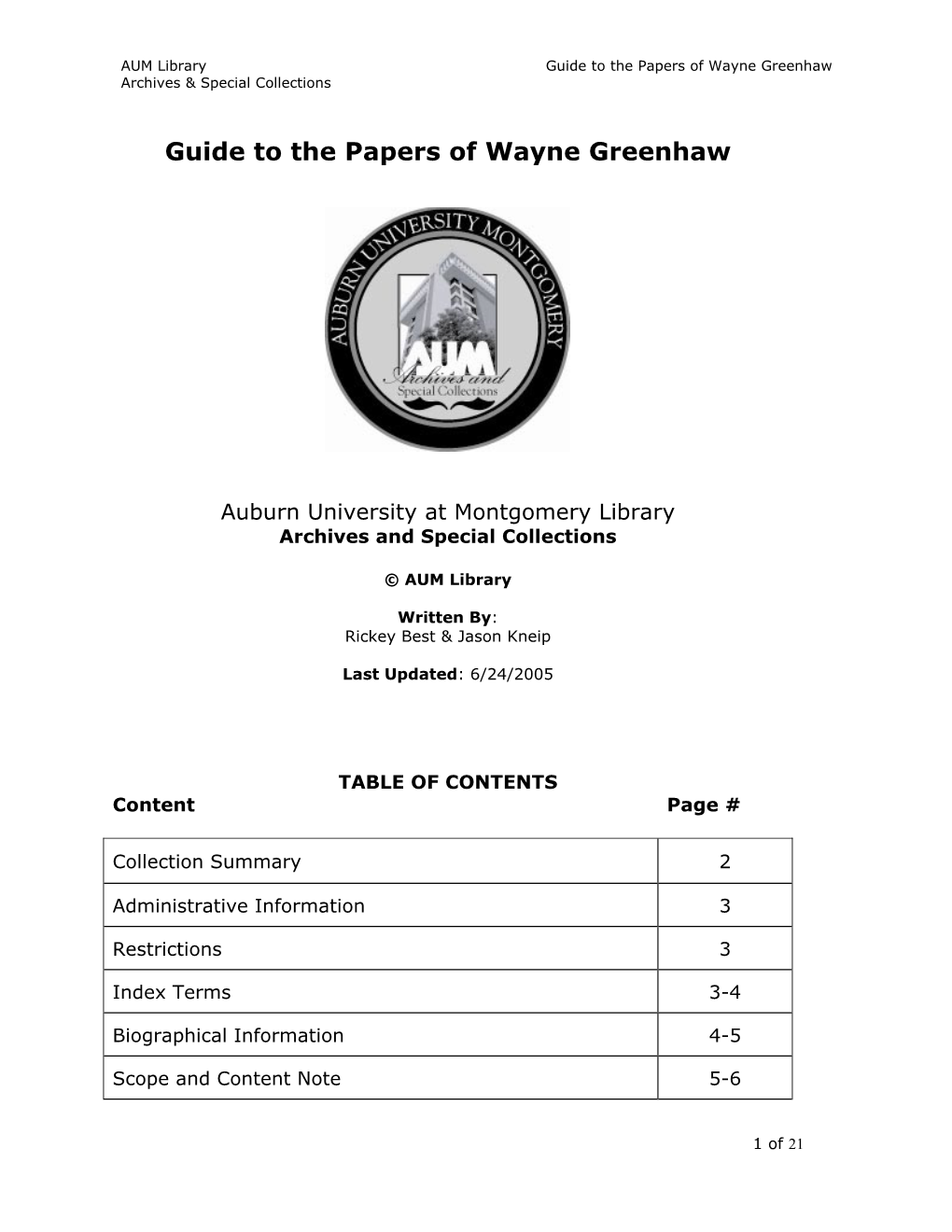 Guide to the Papers of Wayne Greenhaw Archives & Special Collections