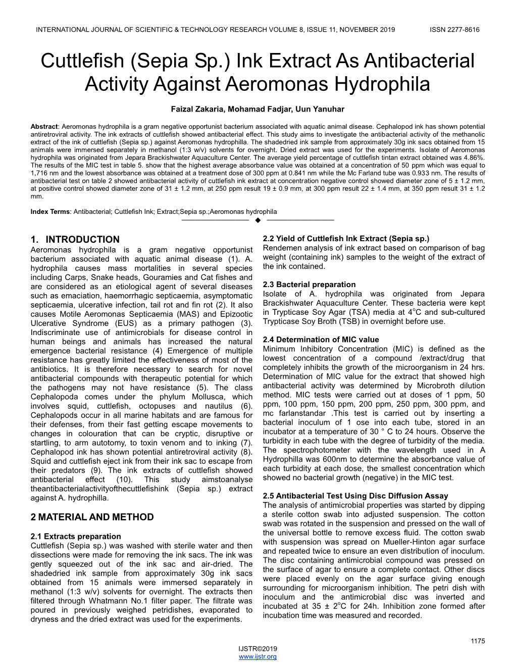 Cuttlefish (Sepia Sp.) Ink Extract As Antibacterial Activity Against Aeromonas Hydrophila