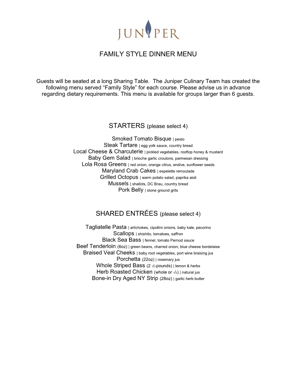 Family Style Dinner Menu