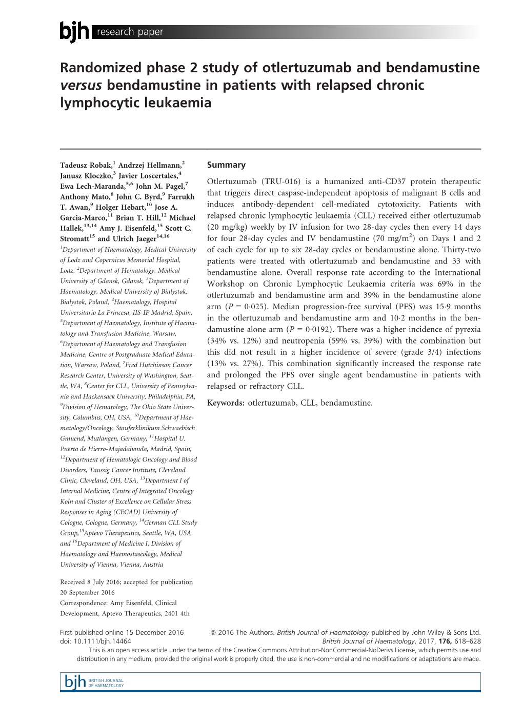 Bendamustine in Patients with Relapsed Chronic Lymphocytic Leukaemia