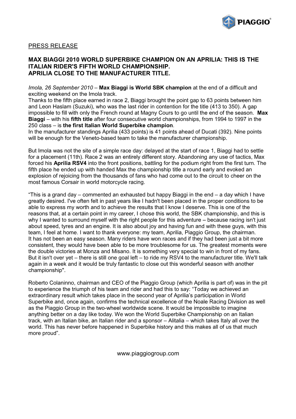 Press Release Max Biaggi 2010 World Superbike Champion