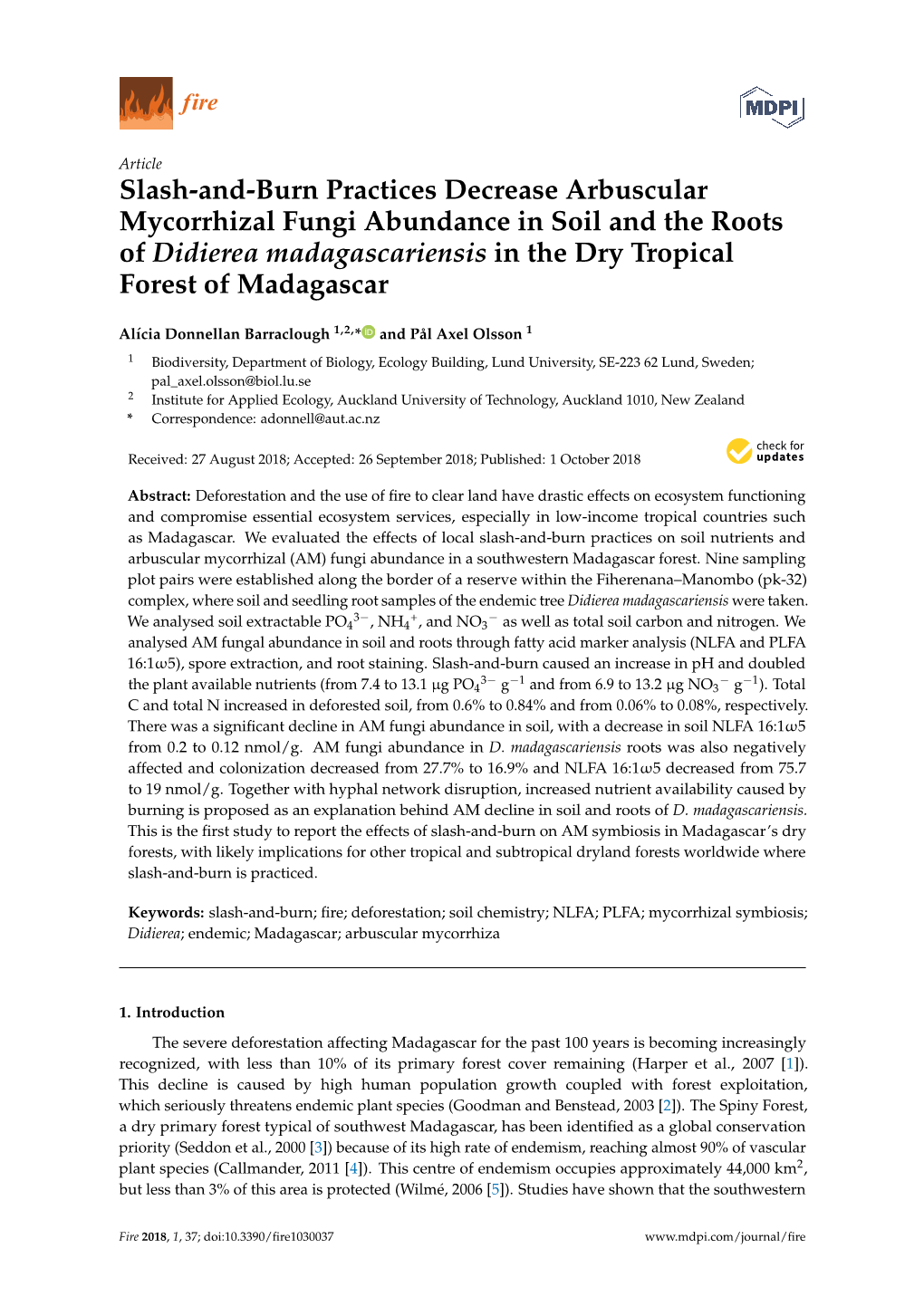 Slash-And-Burn Practices Decrease Arbuscular Mycorrhizal Fungi Abundance in Soil and the Roots of Didierea Madagascariensis in the Dry Tropical Forest of Madagascar