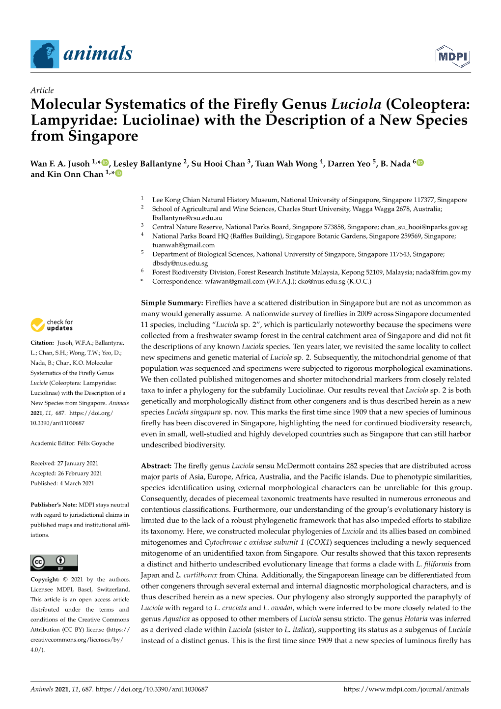 Molecular Systematics of the Firefly Genus Luciola