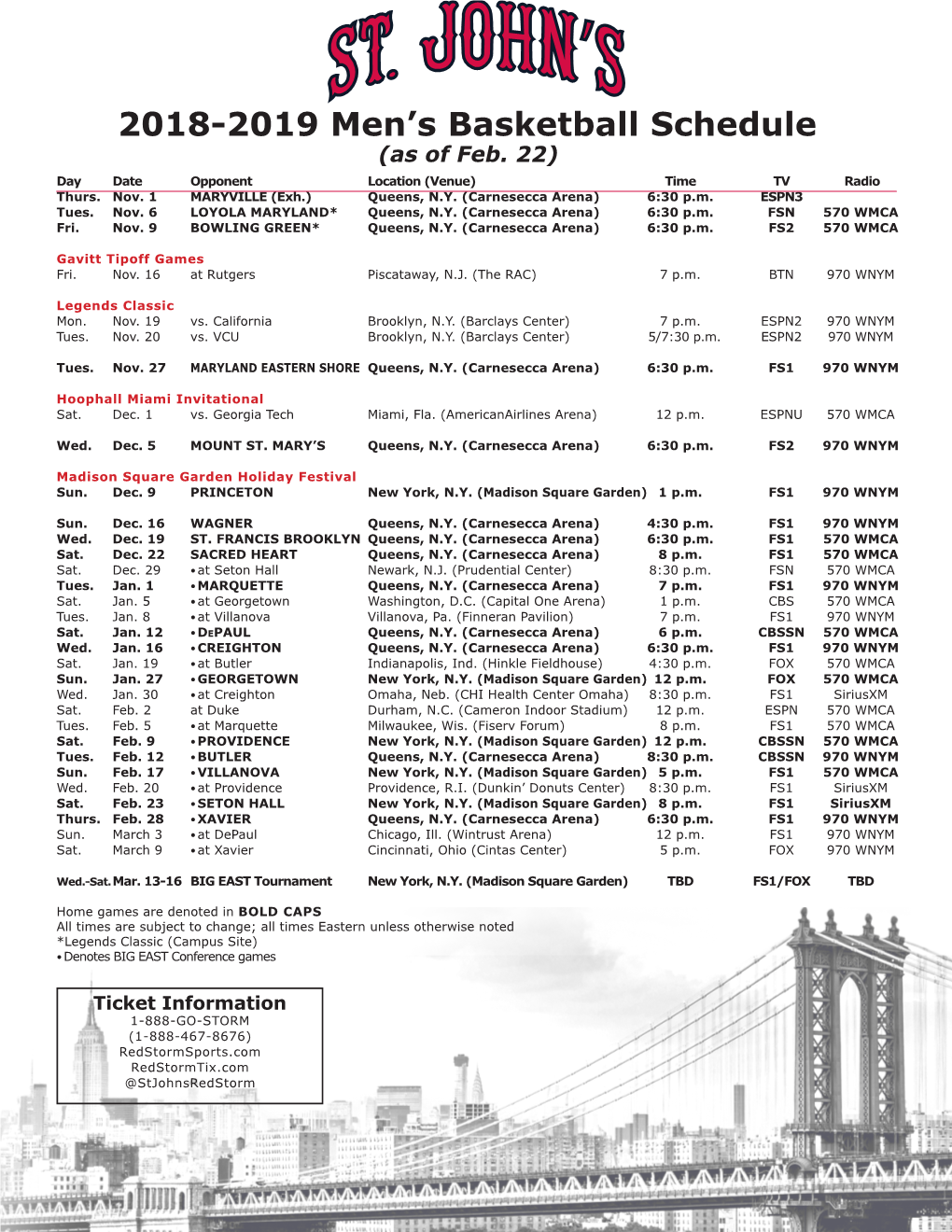 2018-2019 Men's Basketball Schedule