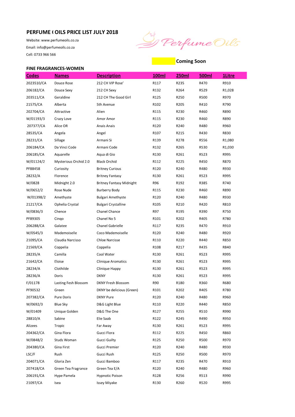 Perfume Oils Price Lis Oils Price List July 2018