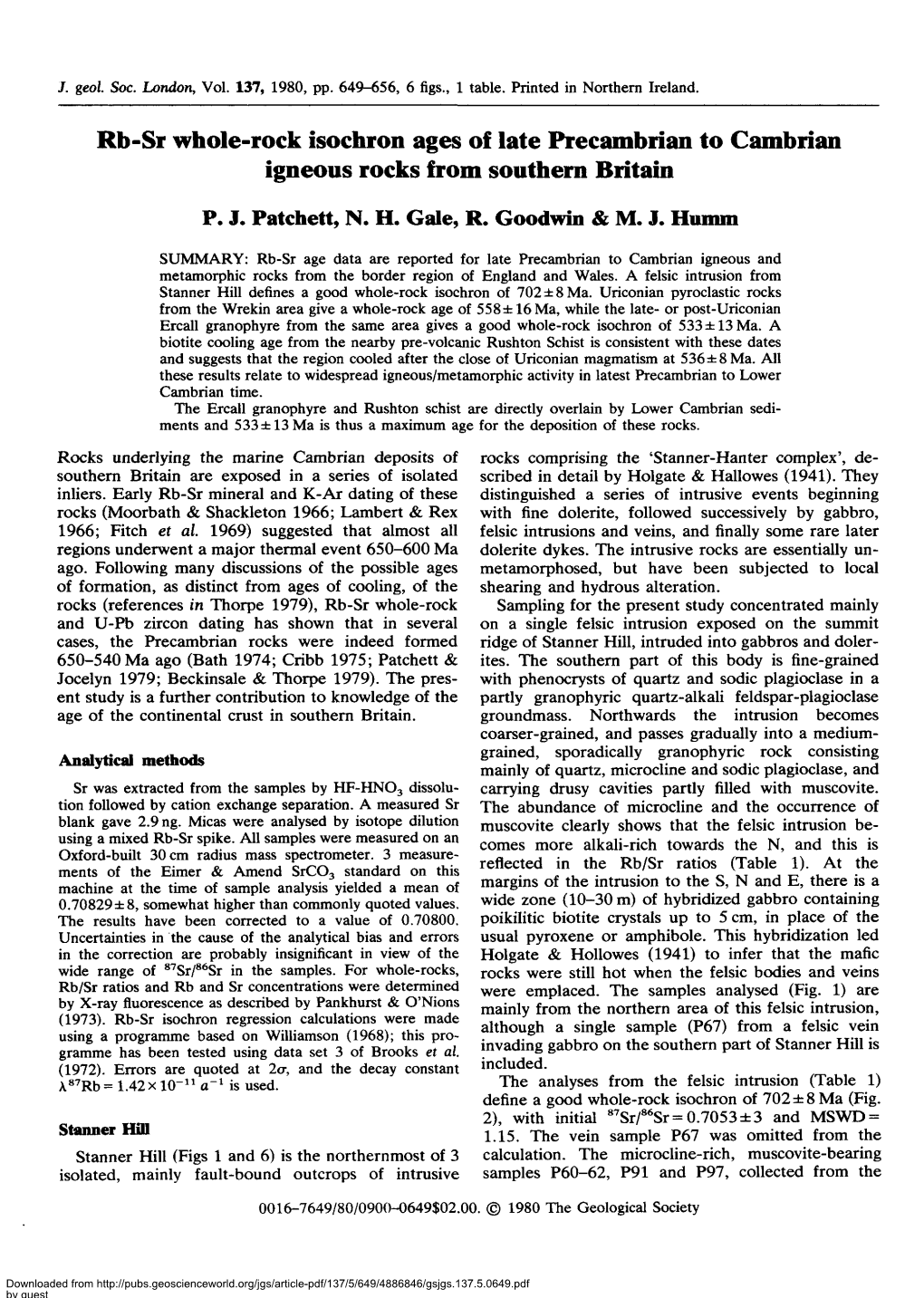 Rb-Sr Whole-Rock Isochron Ages of Late Precambrian to Cambrian Igneous Rocks from Southern Britain