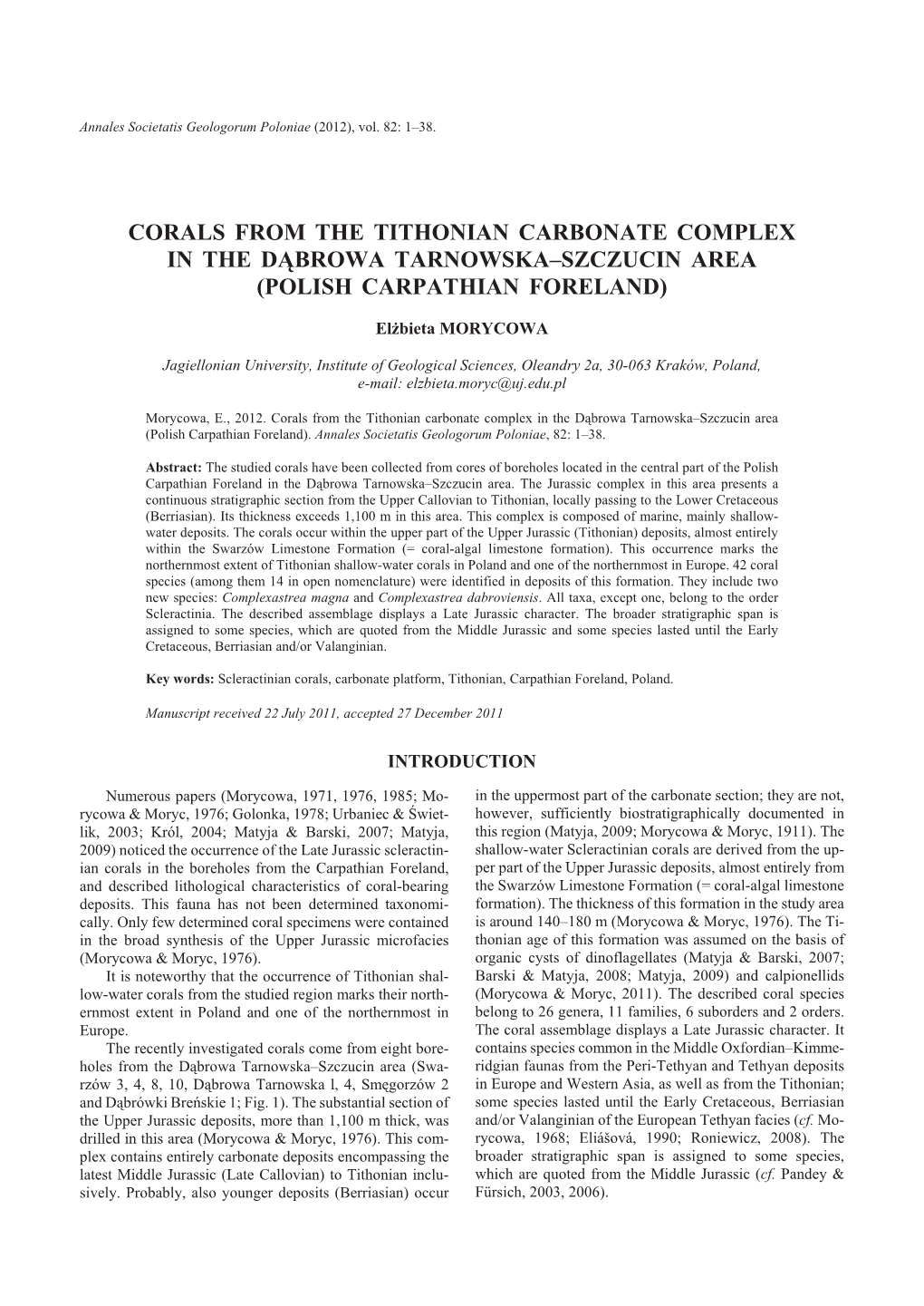 Corals from the Tithonian Carbonate Complex in the D¥Browa Tarnowska–Szczucin Area (Polish Carpathian Foreland)