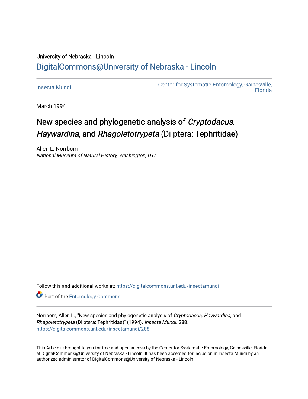 New Species and Phylogenetic Analysis of Cryptodacus, Haywardina, and Rhagoletotrypeta (Di Ptera: Tephritidae)