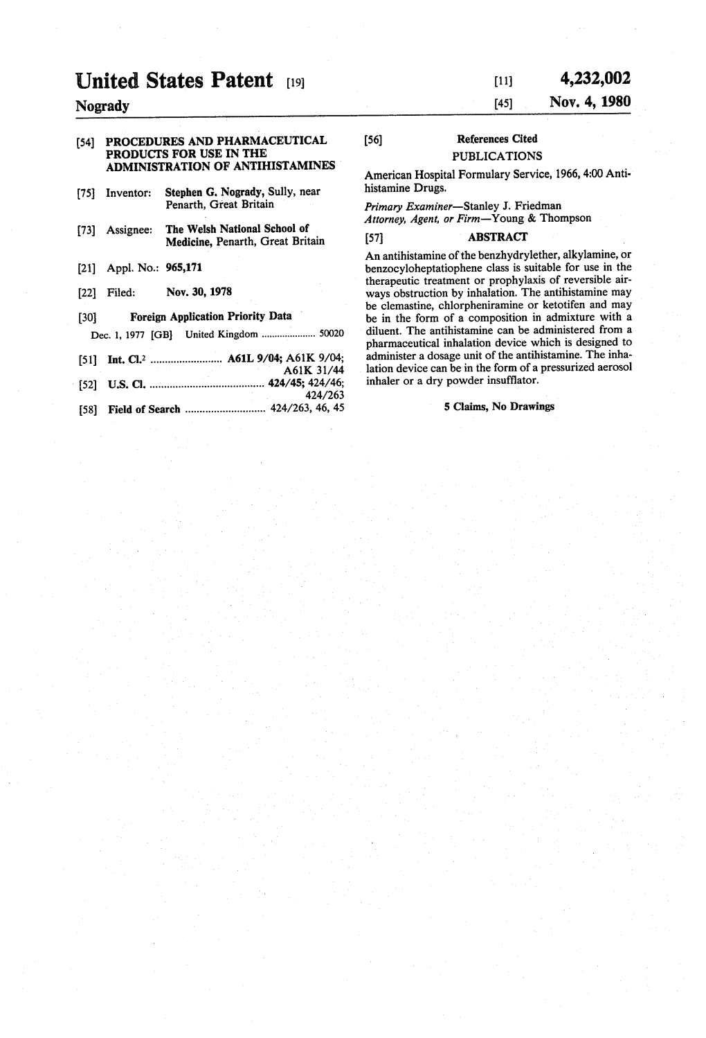 United States Patent (19) (11) 4,232,002 Nogrady 45) Nov